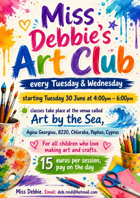 Flyer for Miss Debbie's Art Club launch class